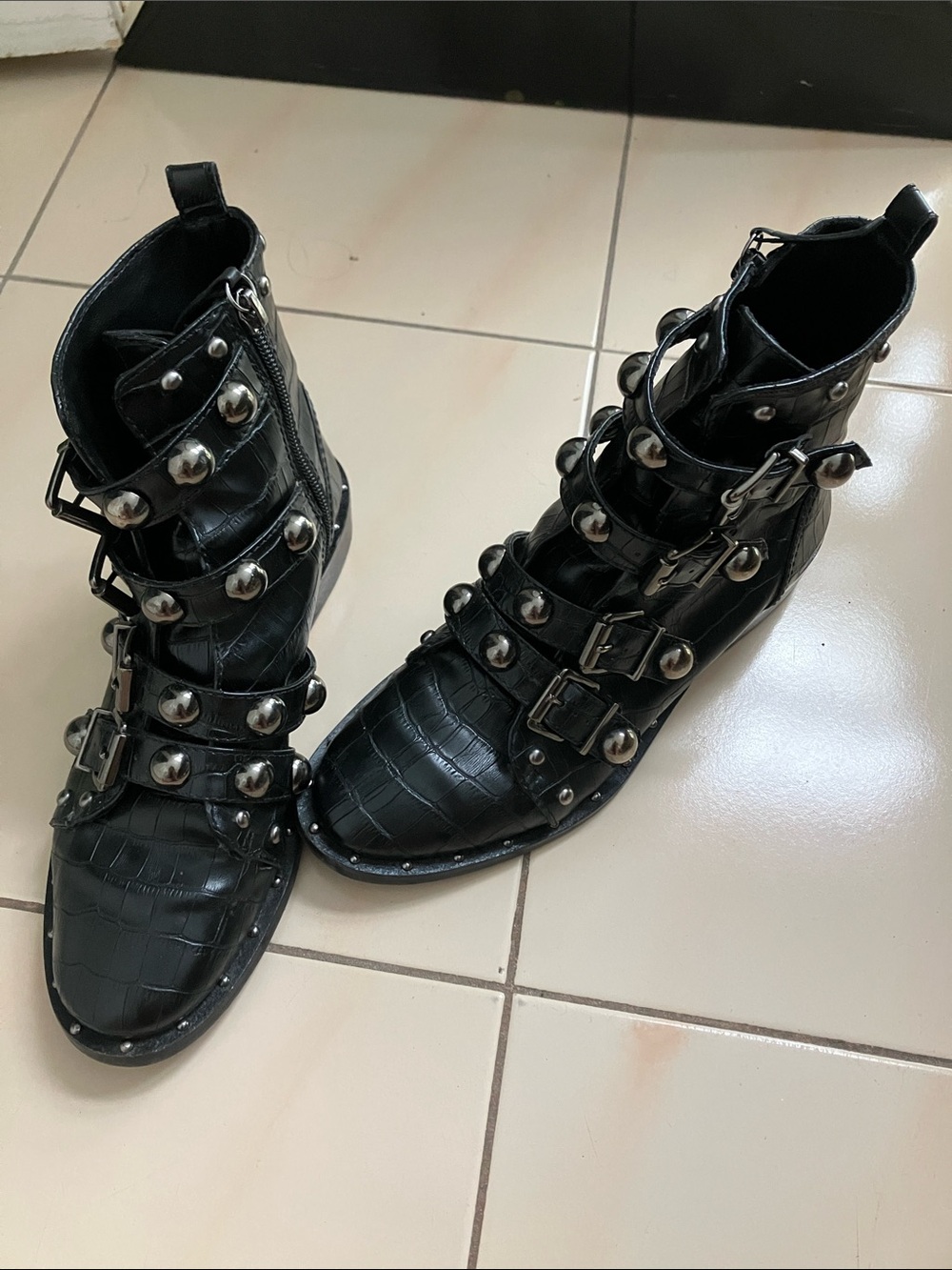 SCHUTZ Black Croc-Embossed Buckle & Stud Ankle Boots